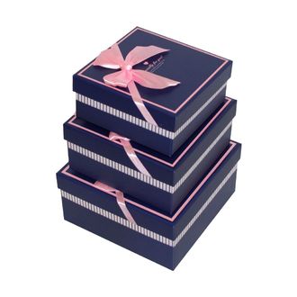 Коробки картонные 307-06-35 наб. из 3 квад. Синие с полоской и бантом (14,5x14,5x6,5-18,5x18,5x9,5)