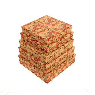 Коробки картонные 504-09 наб. из 5 квад. плоских Цветы акварель крафт (26х26х5-34х34х9)