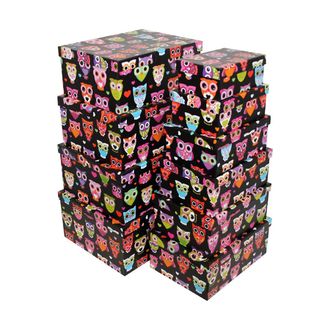 Коробки картонные 102-05-50 наб. из 10 прям. Совы на чёрном (18x12x7-36,5x28x16)