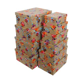 Коробки картонные 102-05-60 наб. из 10 прям. Совы на натуральном (18x12x7-36,5x28x16)